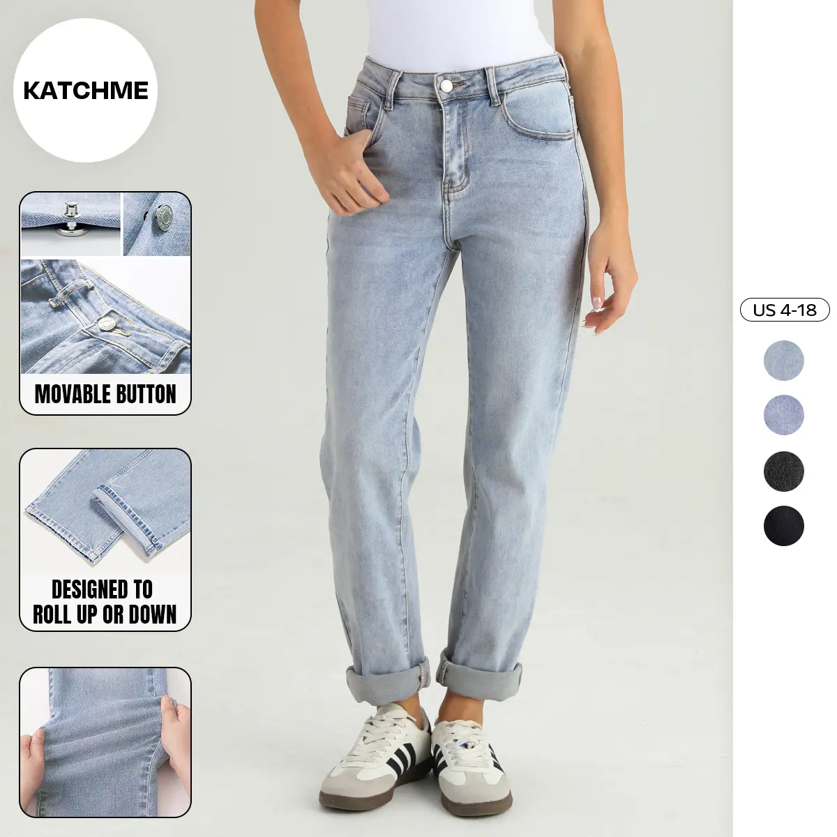 KatchMe Women's Street Mid-Rise Tapered Jeans, Relaxed Fit Soft Pants, Going Out Outfit for Lady, Chic Casual Streetwear, Stretchy Wrinkle-Resistant Denim Trousers, Durable Womenswear (2)