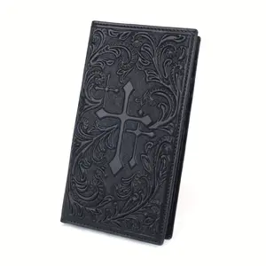 Vintage Men's Floral Embossed Genuine Leather Wallet Western Cross Full Grain Slim Long Bifold Checkbook Credit Card Holder With Multi Card Slots, Ideal Gift For Men