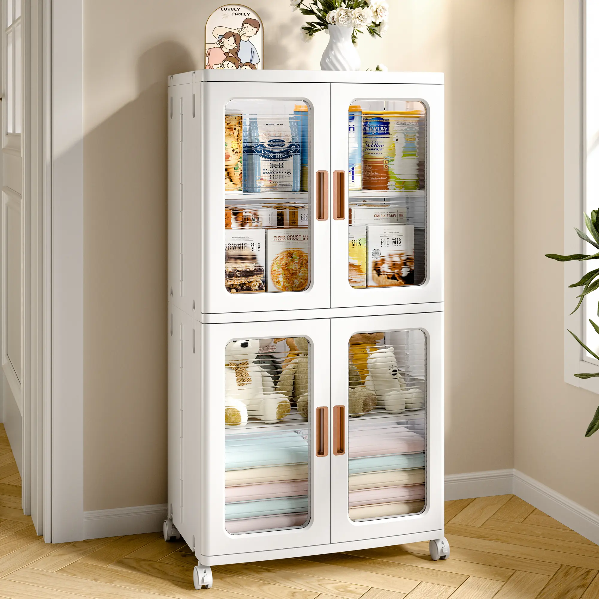 VECELO 2-Tier Stackable Rolling Plastic Storage Bin with Doors, Adjustable Shelves, Collapsible Multifunctional Storage Cabinet - Space Saving Furniture for Home, Pantry Cabinets Organizer