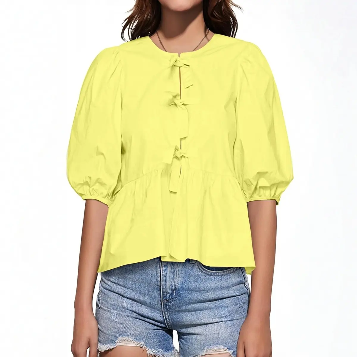 Tankaneo Womens Tie Front Tops Summer Peplum Babydoll Puff Short Sleeve Blouse Cute Cotton Shirts