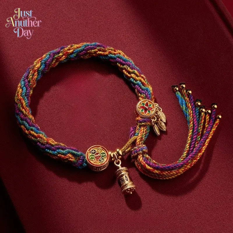 Tibetan Style Colorful Braided Cotton Bracelet, Ethnic Handmade Woven Rope with Prayer Wheel Charm, Lucky Tassel Bangle for DIY Jewelry Making
