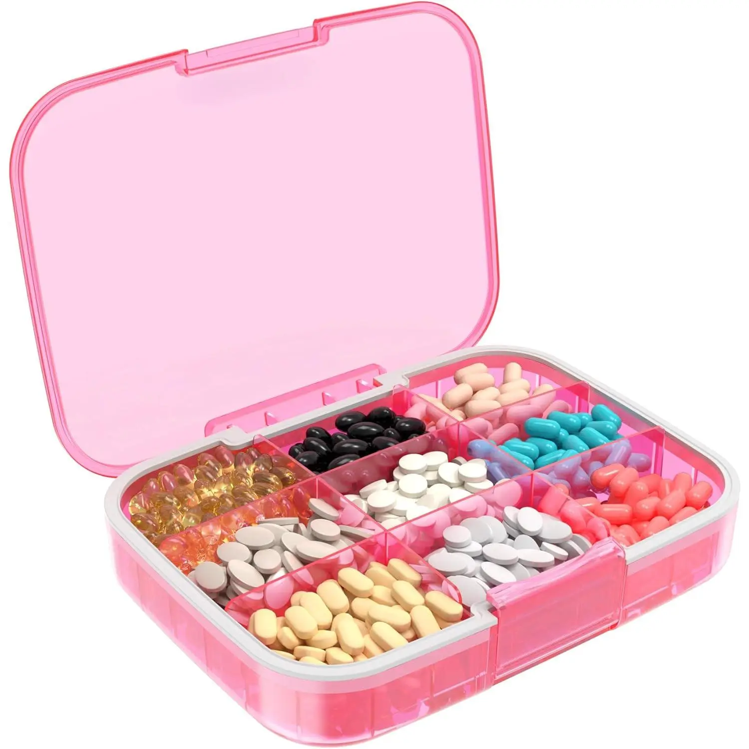 Pink Waterproof Pill Organizer - Daily Org., Portable 9-Multiple Comp. Storage Box with Adjustable Dividers for Home, On-The-Go Daily Vitamins, Supplements, Fish Oil, With Compartments