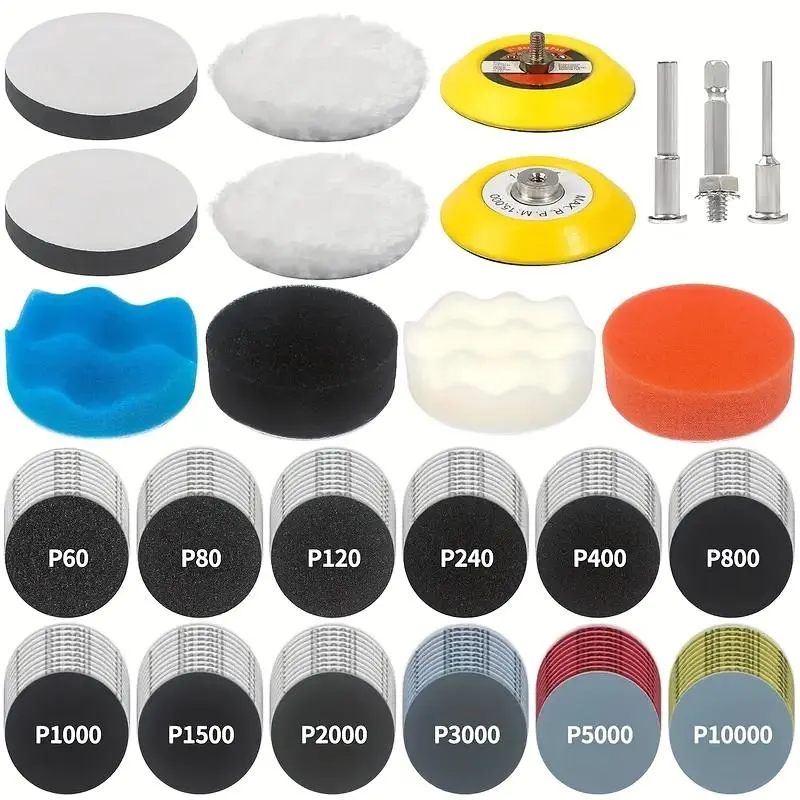 Polishing and drilling kit, Automotive Car Buffers And Polishers Kit, dry and wet headlight repair kit, with water sandpaper, latex paper, magic tape, sandpaper polishing pad, equipped with rotating tool