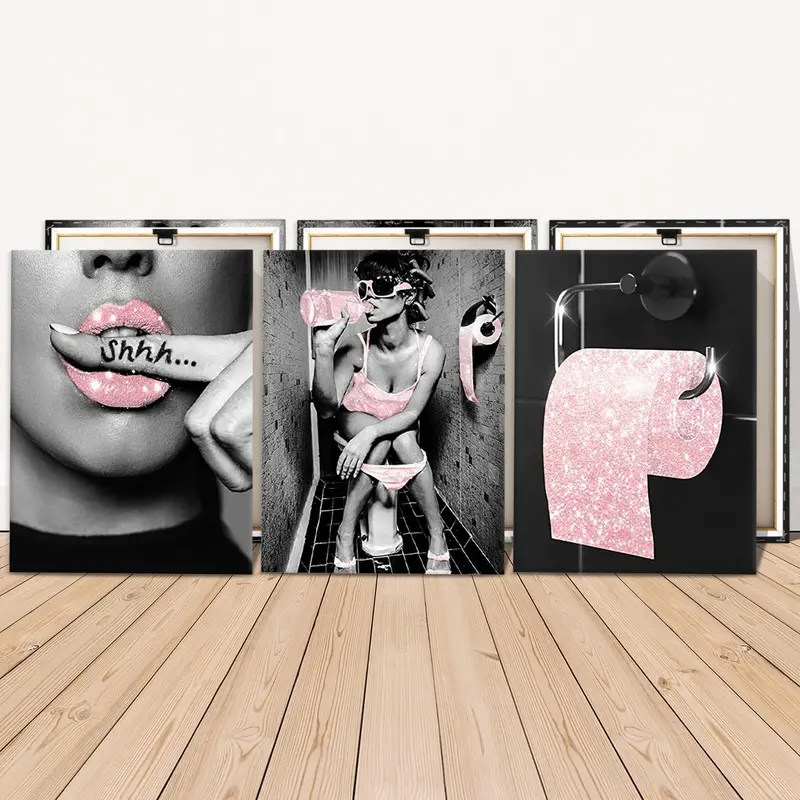 Wooden Framed Canvas Painting, 3 Counts/set Bathroom Poster Sexy Woman In Toilet, Wall Art for Home Living Room Bedroom Office Decor, Hanging Wall Art Decoration