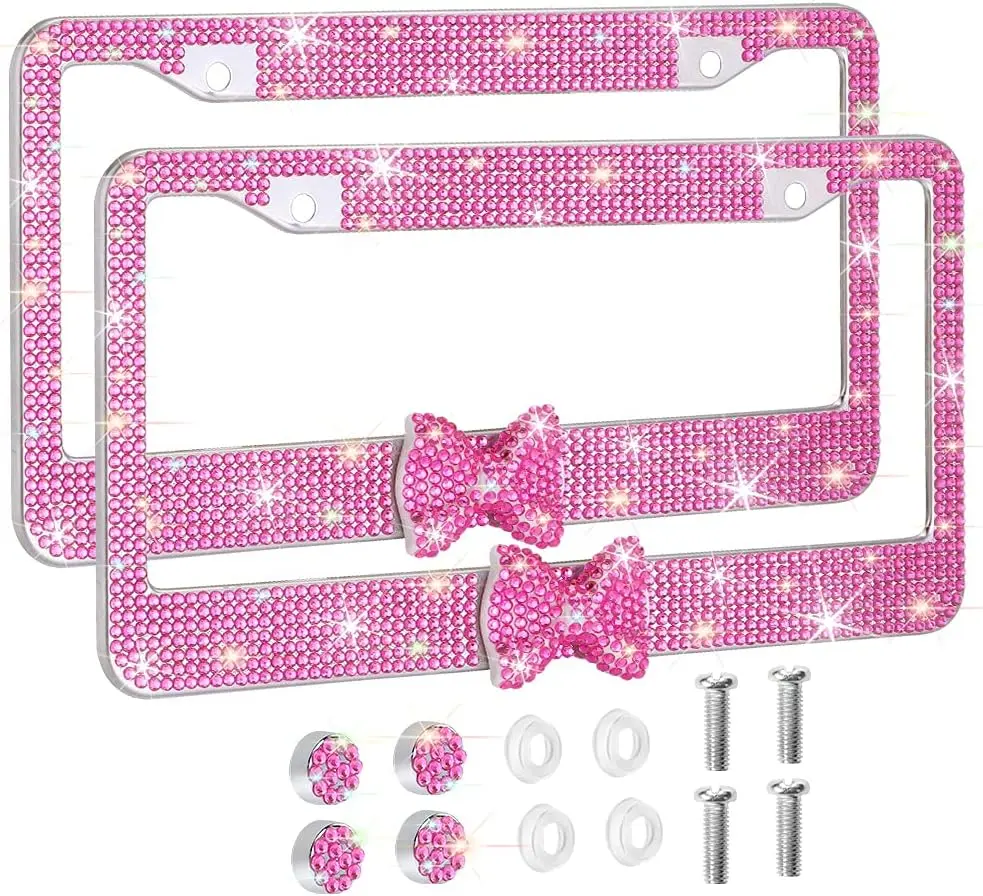 2 PACK Bling License Plate Frame for Women Sparkly Diamond Car Tag Cover with Rhinestone Crystals Pink Bow Stainless Steel Luxury Car Accessories for Her
