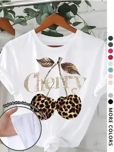 Women's Cherry & Leopard Print Round Neck Graphic Tee, Vintage Trendy Casual Short Sleeve T-shirt for Daily Wear, Ladies All Seasons Top