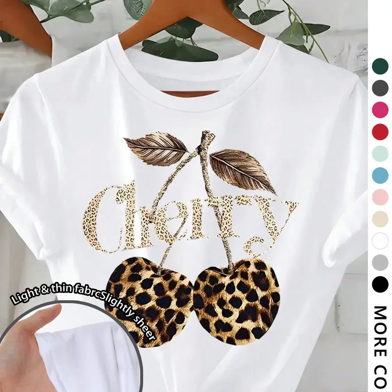 Women's Cherry & Leopard Print Round Neck Graphic Tee Trendy Casual Short Sleeve T-shirt for Daily Wear, Ladies All Seasons Top, Womenswear, Graphic Vintage Tees