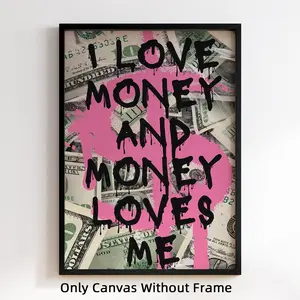 1Pc Optinal Frame Pink Money Quote Canvas Poster, Funky Preppy Money Motivational Wall Art, I Love Money And Money Love Me, Artwork Wall Painting For Gift, Living Room, Bedroom, Office, Bathroom, Home And Dormitory Decoration, Home Decor Accessory