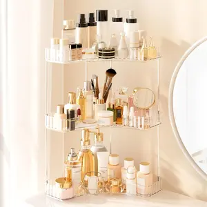 3-Tier Corner Bathroom Counter Organizer, Large Makeup Organizer For Vanity, Skincare Perfume Organizers For Women Or Men, Exquisite Corner Shelf For Bathrooms, Kitchens, Or Bedroom, (Clear, 3 Tier)