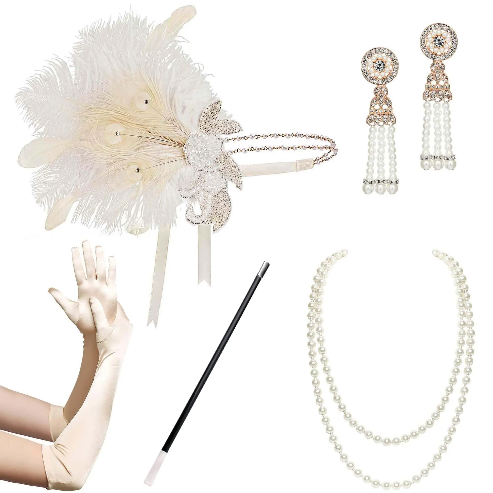 BABEYOND 5 Pieces 1920s Flapper Headband Gatsby Accessories Set for Women Roaring 20s Costume, 1920s Flapper Headband, Pearl Necklace, Gloves, Earrings, Vintage Accessories, Complete Flapper Set