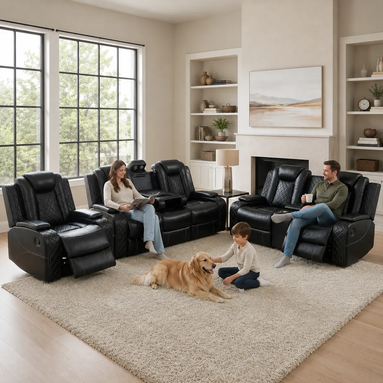 Power Reclining Sofa Set for Living Room, Black Breathing Leather Recliner Couch with LED Lights, USB Ports, Storage Console and Cup Holders