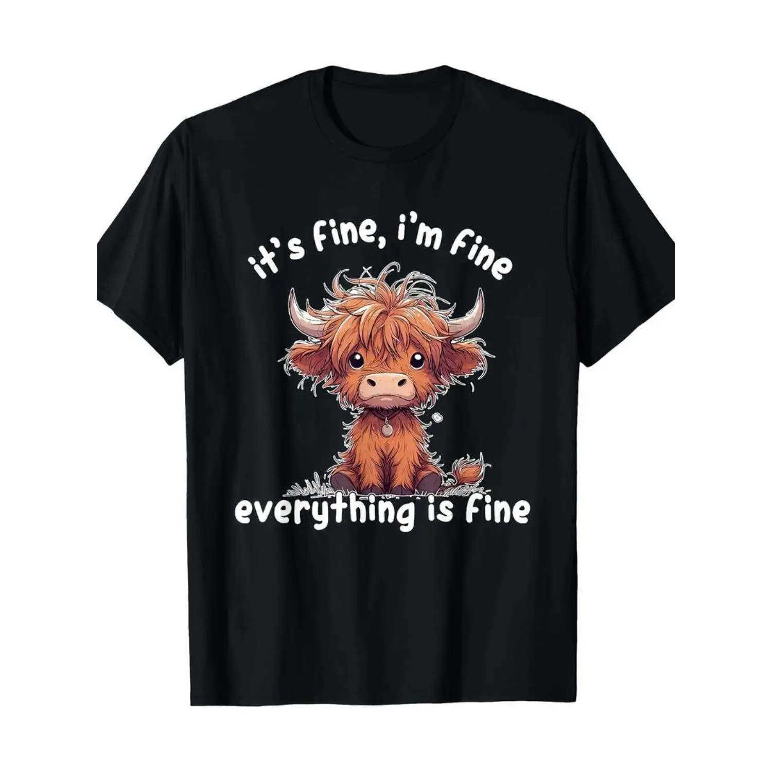 Cotton It's Fine I'm Fine Everything Is Fine Cute Highland Cow T-Shirt,  Cotton