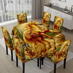 5/7-piece 2D Flat Printing Golden Horse in Forest Scene Printing Pattern Tablecloth and Chair Cover Set, for dining table and chair decoration, perfect for home, holiday gatherings, restaurants, and parties.