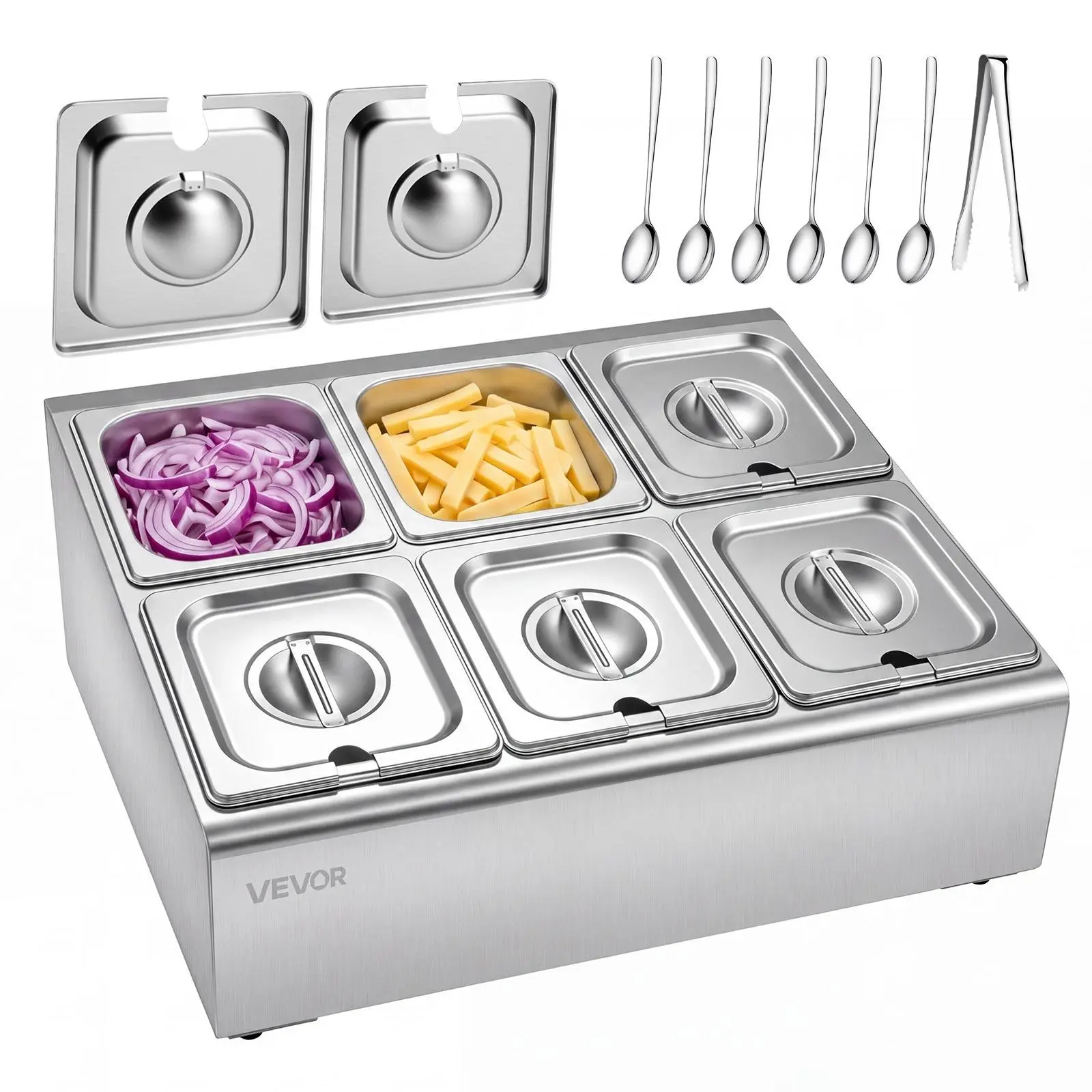 VEVOR Stainless Steel Countertop Food Serving Display Rack - Ice-Cooled 6x1/6 Pan Compartment Dish with Lid, Food Storage & Lidded Containers for Restaurant Kitchen, Containers With Lids, Compartment Containers