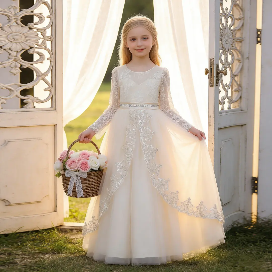 2301 Kids white long sleeve lace elegant girls princess dress light with sequins and lace details dance dress perfect for birthdays and formal occasions