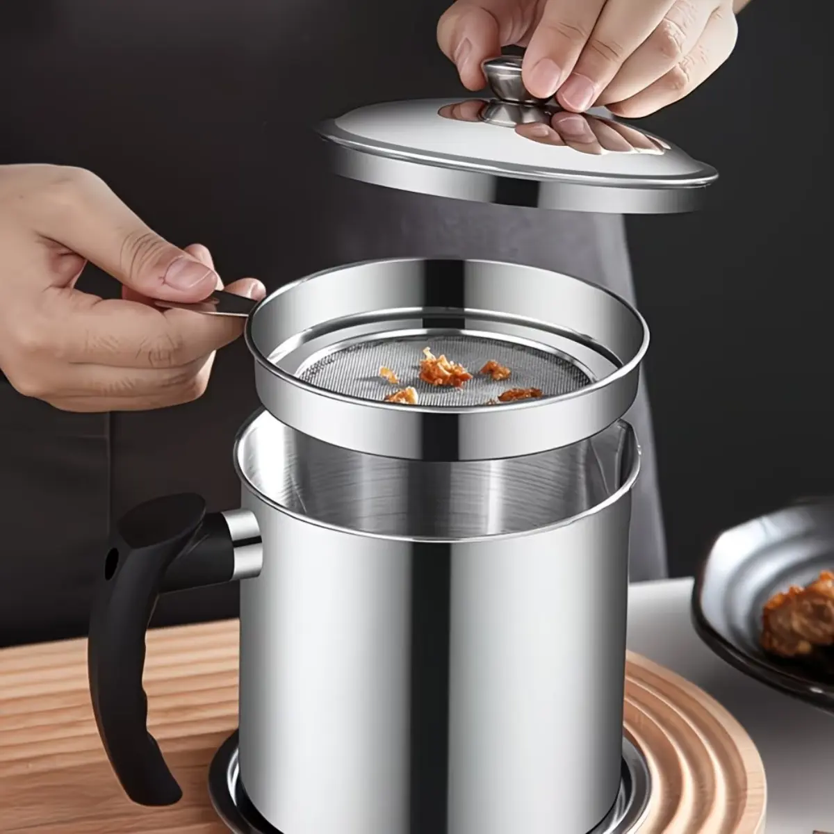 1.3 L Bacon Grease Container With Strainer, Kitchen Stainless Steel Oil Container Can with Strainer and Anti-slip Coaster Tray, Ideal for Store Meat Frying Oil and Cooking Grease Storage