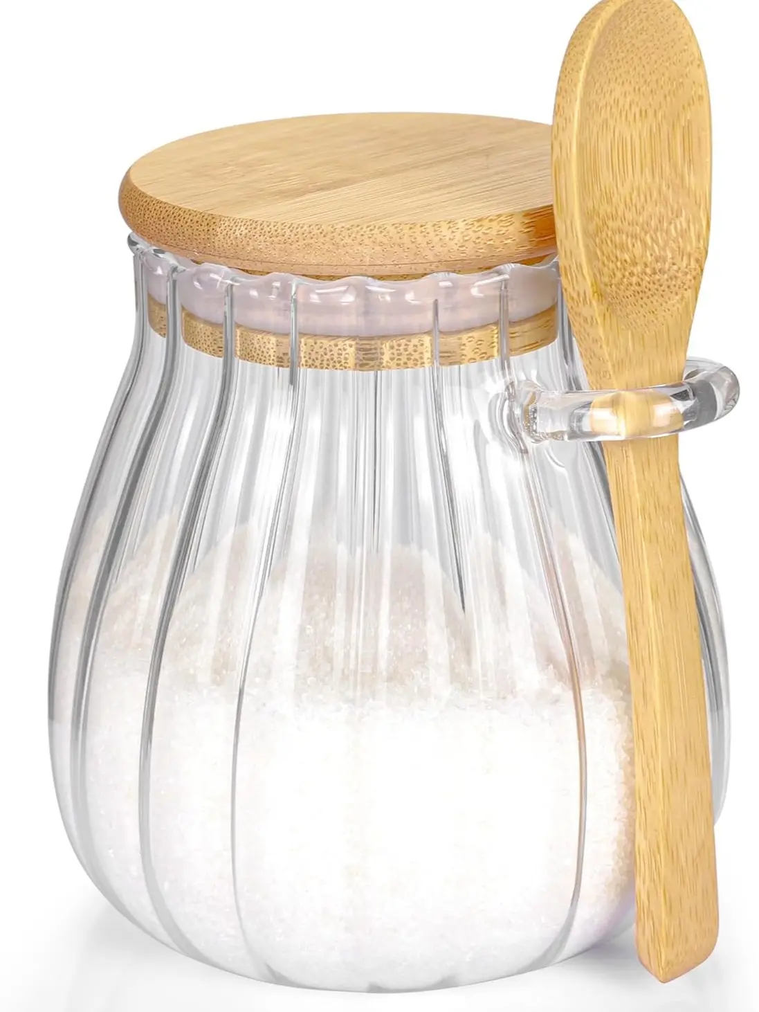 Sugar Container with Bamboo Lid and Spoon,15 oz Sugar Bowl Glass Jar for Coffee Bar Accessories Coffee Canister Kitchen Decor Housewarming Gift Christmas Refillable Design
