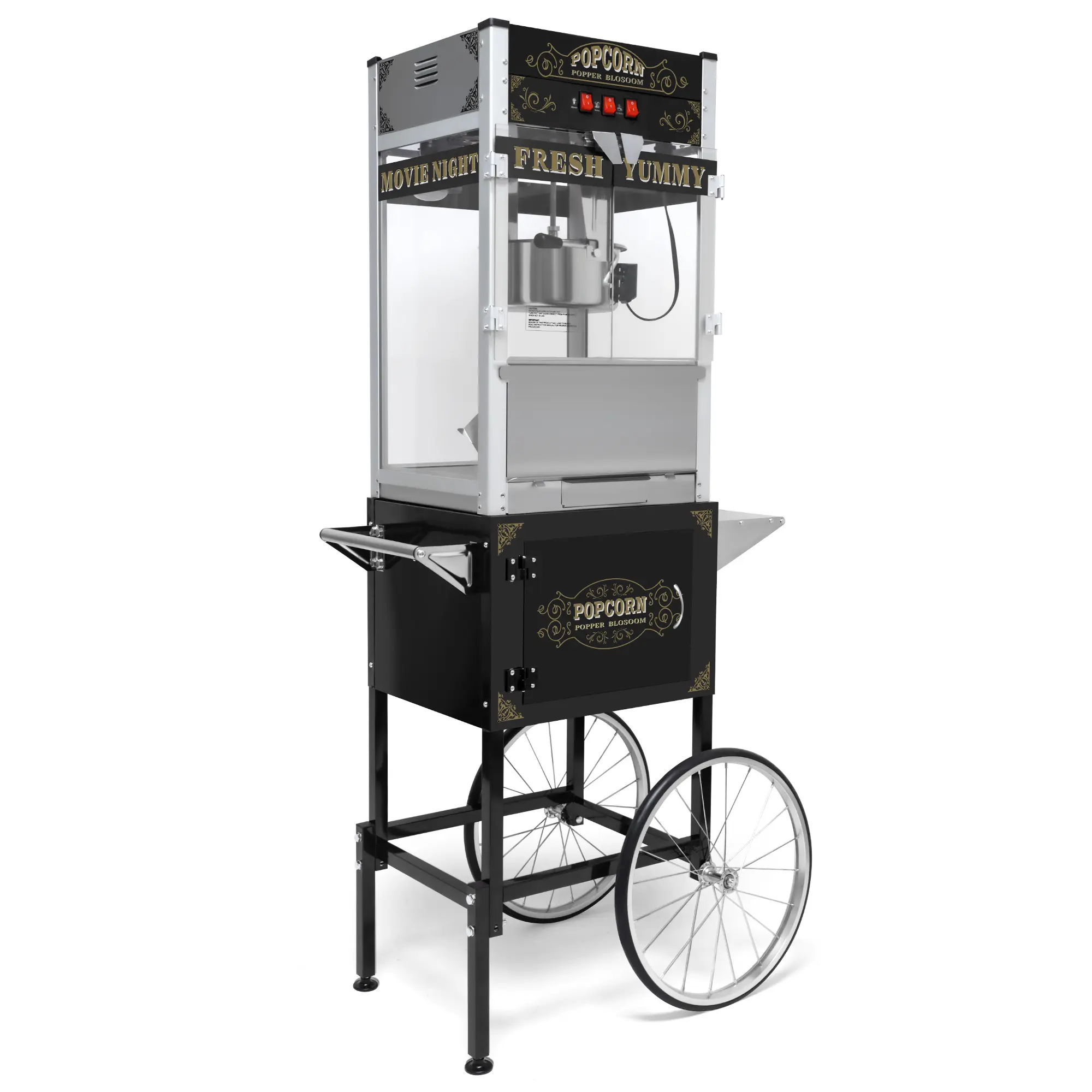 Vintage Antique-Style Commercial Popcorn Machine with Cart, 20-oz Steel Cabinet Kettle, Cabinet for Storage, 16-in Bicycle-Style Wheels, 3-Switch Design, Tempered Glass Warming Deck, 1440W Popper for School Events, Businesses (Black), Antique-Style Design