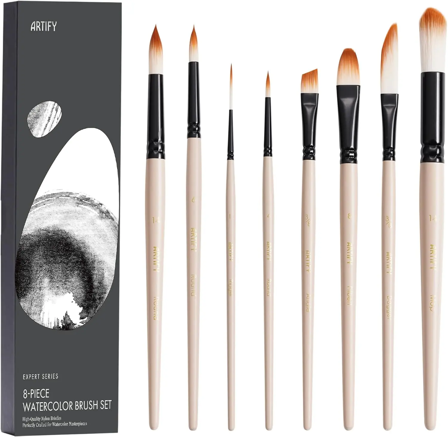 ARTIFY 8-Pieces Professional Watercolor Brush Set with Case, Copper Ferrule, Nylon Bristles & Various Shapes, Angle Paint Brush Supply Kit for Beginners & Pros (Watercolor, Gouache Use)