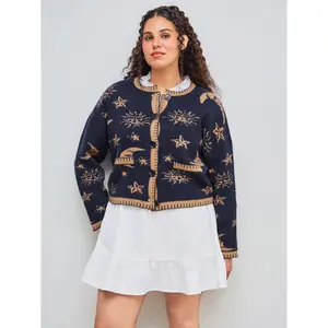 Cider [size 12/14-26] Knit Round Neckline Star Sun Moon Contrasting Binding Long Sleeve Cardigan Curve & Plus
