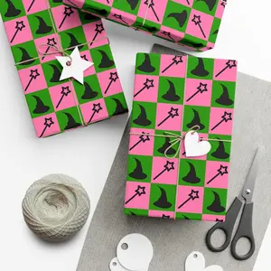 Wicked Inspired wrapping paper - Pink squares with Glinda's wand & Green squares with Elphaba's hat Gift Wrapping, Present Wrap For Fans