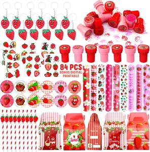 Strawberry Party Favor 84 PCS Sweet Berry Slap Treat Box - DIY Stickers, Stampers, Keychain & Paper Straws - Ideal for Kids' Birthday Gifts
