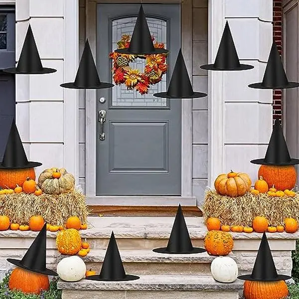 12 Pcs Halloween Witch Hat Decorations Outdoor Indoor, Floating Witch Hats Hanging Witches Hats Bulk, Thickened Wizard Hats with Rope for Home Porch Yard Hocus Pocus Halloween Decor Party Supplies