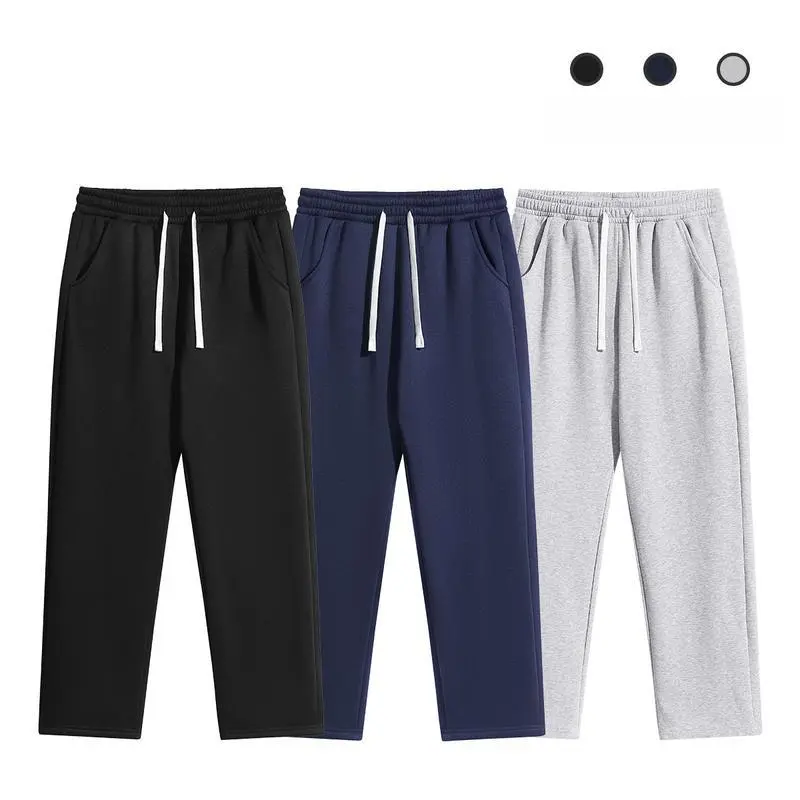 Male Loose-Fitting 3-Pack Full-Length Solid Color Fleece-Lined Jogger Pants Set - Gym Clothes for Athletic Use, Leisure Travel, Everyday Wear, Straight-Leg Trousers