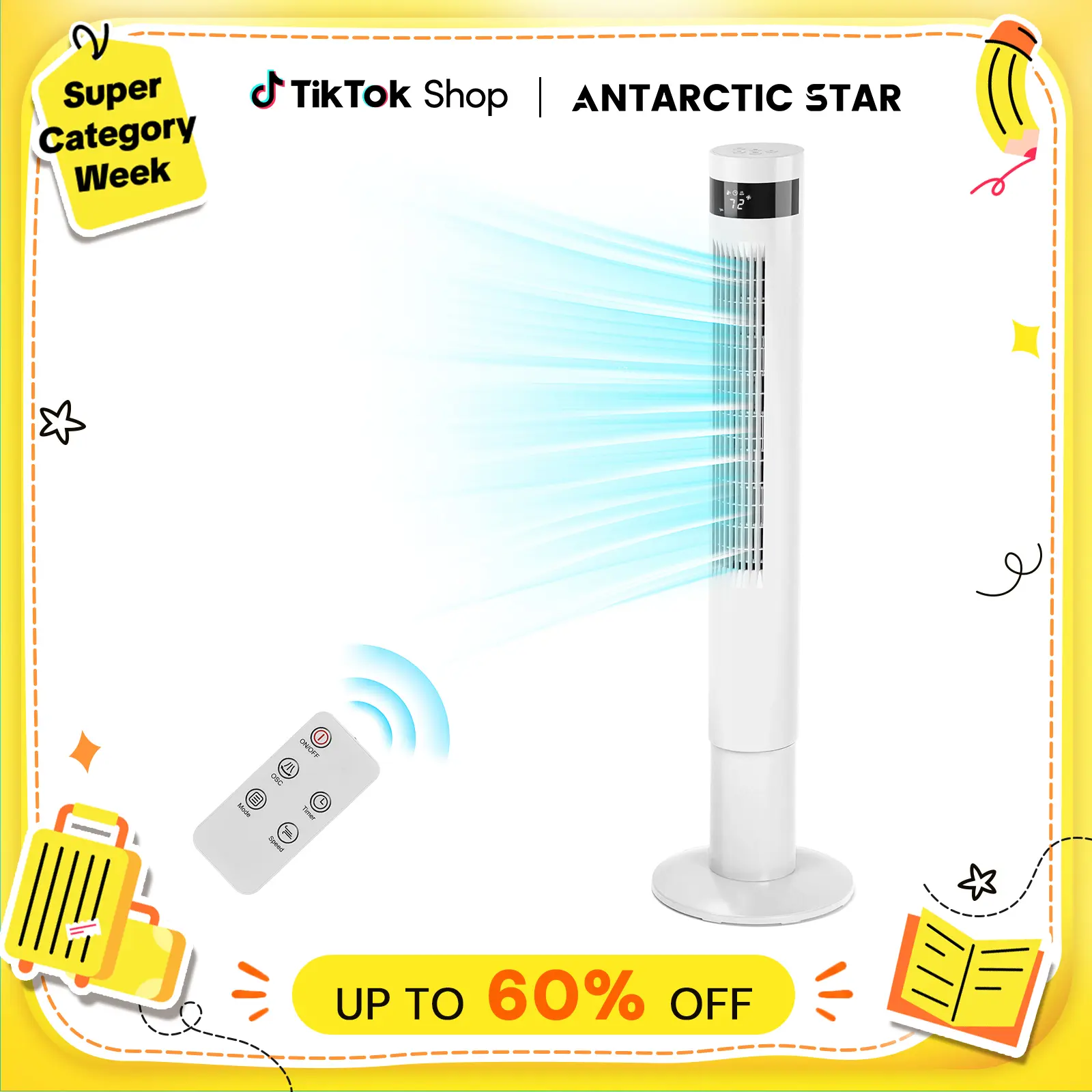 【Not Air Conditioner】Antarctic Star 43in Tower Standing Fan - 85° Oscillation, 12H Timer, Remote Control, Quiet Operation, Instant Airflow, Easy-to-Use for Bedroom, Home Office 【Not Air Conditioner】Antarctic Star 43in Tower Standing Fan - 85° Oscillation, 12H Timer, Remote Control, Quiet Operation, Instant Airflow, Easy-to-Use for Bedroom, Home Office