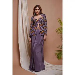 Violet digital printed coat and drape skirt