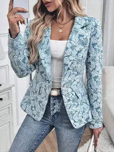 Women's Floral Pattern Blazer, Elegant Long Sleeve Open Front Outerwear for Work Office Business, Longsleeves Suit Blazer, Ladies Spring & Fall Clothes