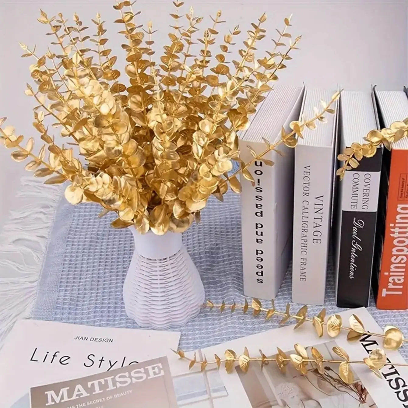 Golden Faux Eucalyptus Flowers, Realistic Eucalyptus Leaves, Perfect for Christmas, Wedding, Valentine's Day, Home Decor, Home Decoration, Faux Plant (no Pots)