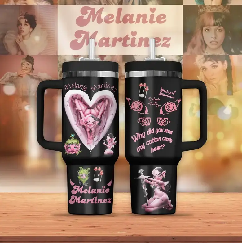 [Gift Box & Straw] Melanie Martinez 40oz & 20oz Stainless Steel Tumbler with Handle, Cry Baby K-12 Inspired Double Wall Vacuum Insulated Travel Mug, Pink Gothic Dark Fantasy Cup, Fits Car Cup Holder, Alt Pop Music Fan Gift