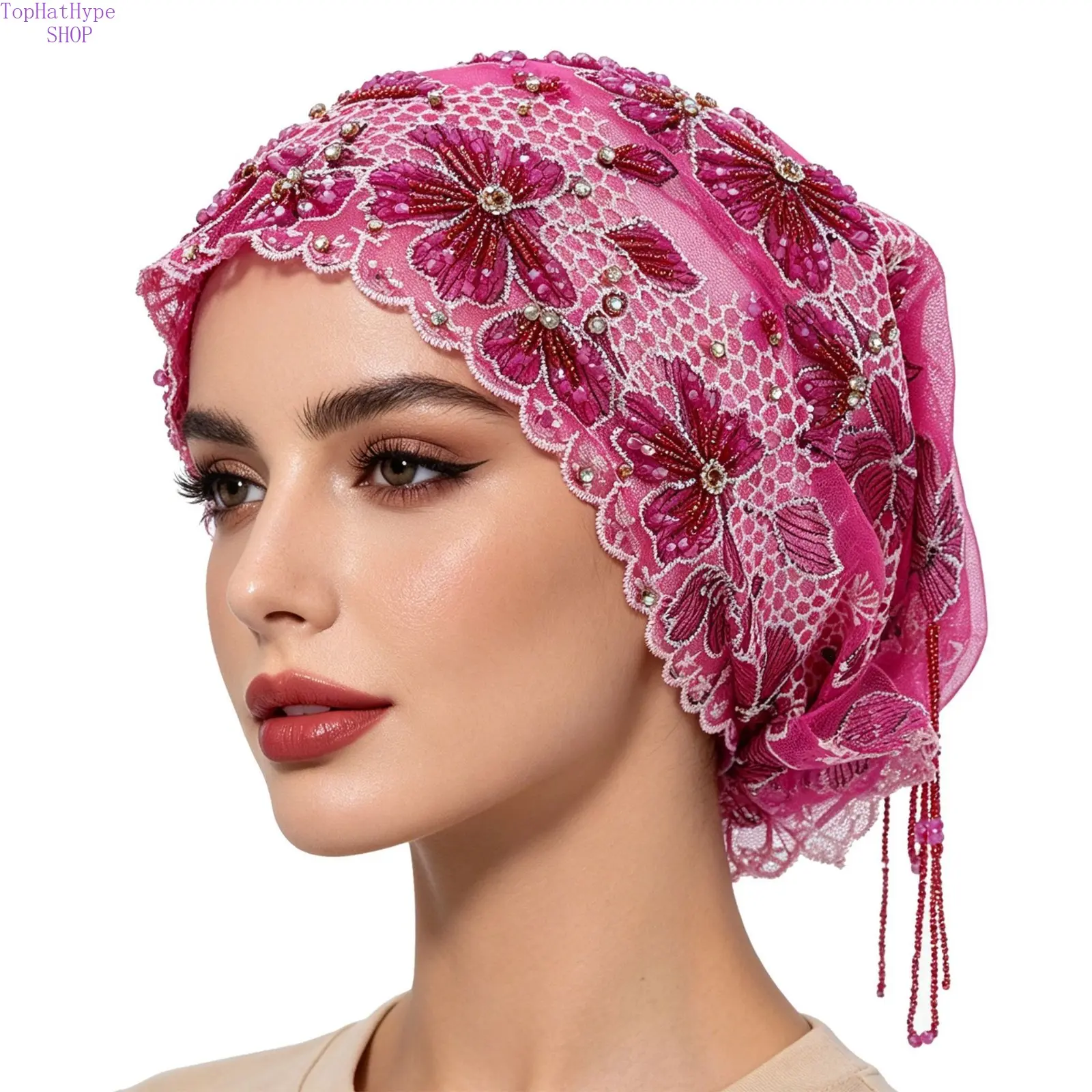 Women's Handmade Soft Knit Turban - Beaded Fringe Versatile Headwear, Boutique Head Scarf for Daily Casual & Party Outfits