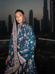 Muslim Women's Abaya Set with Hijab, Abaya Dress Set, Elegant Simple Floral Print Long Robe Jacket, Casual Party Beachwear, All Seasons Wear