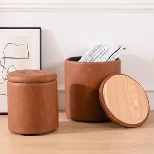 Round Ottoman with Storage Set of 2, 14.76"L x 14.76"W x 17.32"H Faux Leather Button Tufted Storage Ottoman, Boucle Vanity Stool Footrest Coffee Table for Living Room, Bedroom, Support 300 lbs, Brown