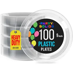 Exquisite Party Solids Clear Plastic Plates For Party 9" Clear Disposable Plates For Party Supplies 100 Pcs Plastic Dinnerware Sets Heavy Duty 350 GSM Disposable Dinnerware Set