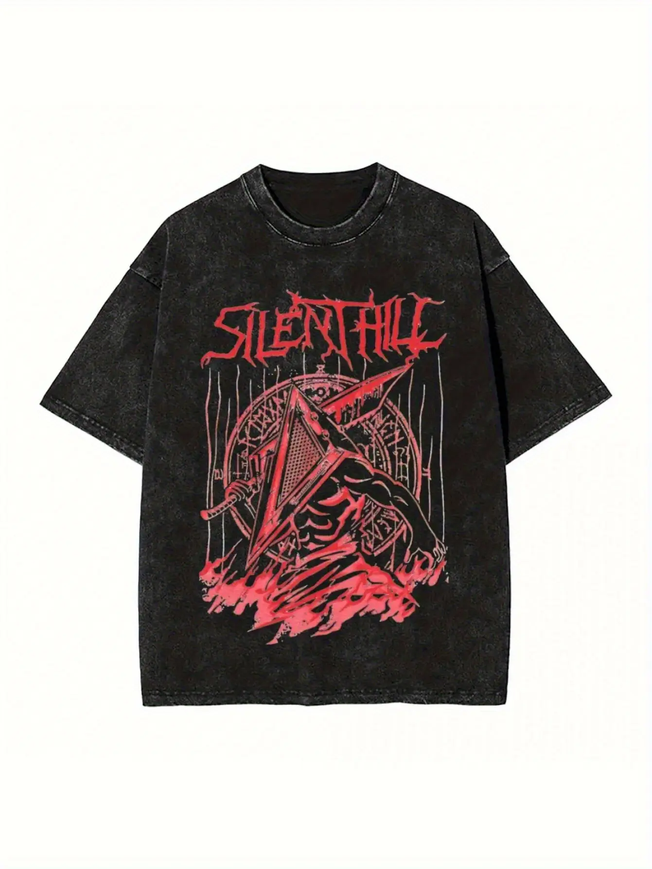 Men's Distressed Vintage Silent Hill Heavy Metal Pattern Crew Neck Short-Sleeve Cotton T-Shirt - Black, Large, Fitted Cut, All Seasons Casual Streetwear Top for Horror Game Lovers, Menswear, Tshirt, Shortsleeve, Graphic T Shirts