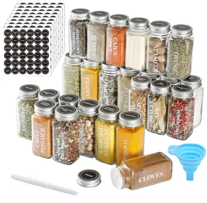 36 Pcs Glass Spice Jars with Spice Labels - 4oz Empty Square Spice Bottles - Shaker Lids and Airtight Metal Caps - Chalk Marker and Silicone Collapsible Funnel Included
