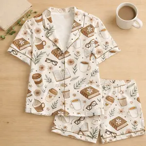 Women’s Coffee & Books Latin Pajama Set, Girly Bookish Reading Print Short Sleeve Sleepwear, Cozy Beige PJs, Book Lover Nightwear Gift for Her
