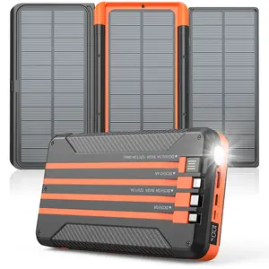 46800mAh Solar Charger Power Bank Built in 4 Cables 3 Foldable Solar Panels, PD20W Fast Charging Portable Charger, LED Display Powerbank USB C in/Output, External Battery Pack with SOS Camping Light