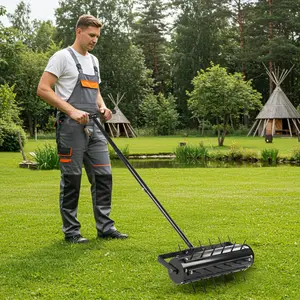 Karlhome Rolling Lawn Aerator with T-Shaped Handle, 17 inch Manual Aerator Tool, Lawn Aerator Spike Tool with 36 Spikes for Garden Yard Soil Health Maintaining, Black