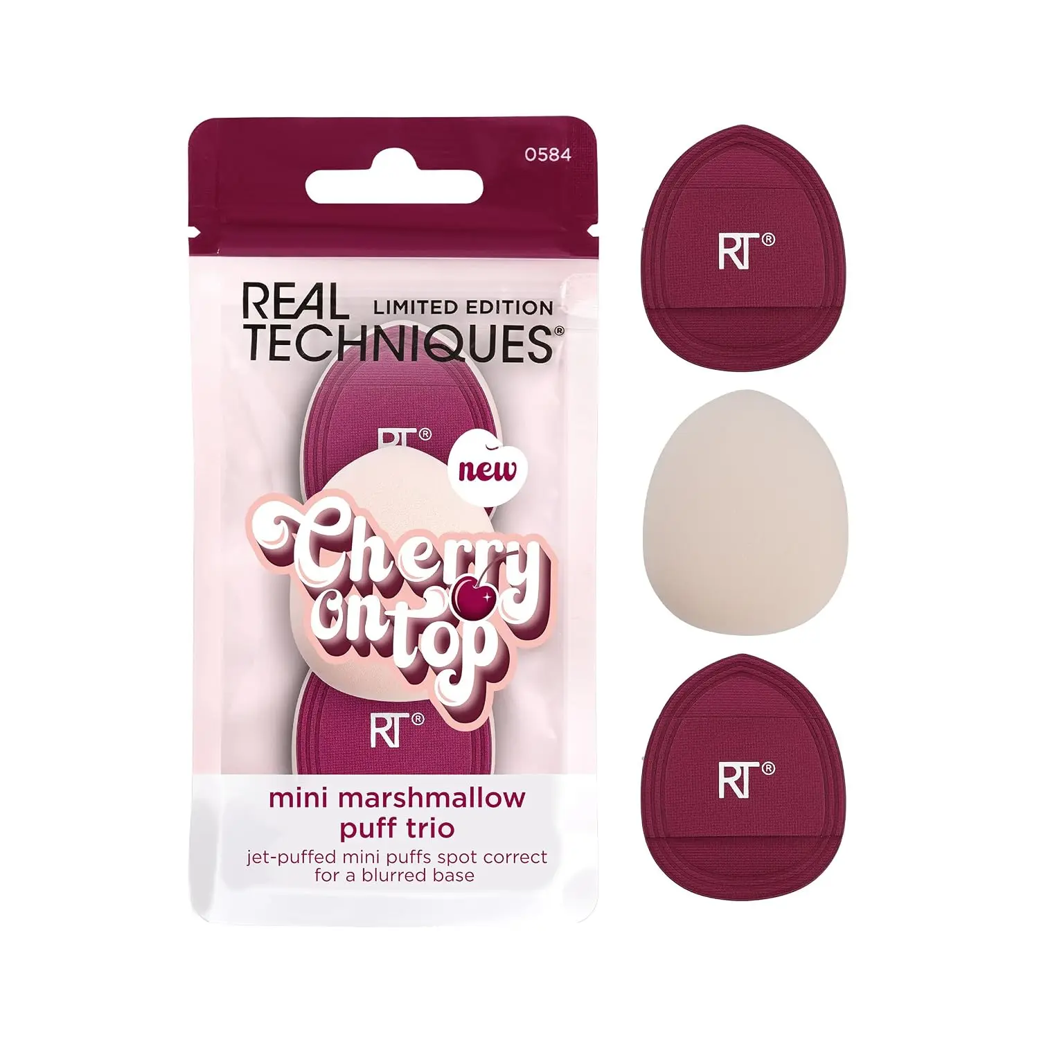 Real Techniques Cherry on Top Mini Marshmallow Puff Trio, Makeup Puffs | On-the-go coverage with a mini powder puff trio with finger bands for dry use