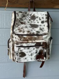 Genuine Cowhide Backpack with Laptop Slot - Spotted Design & Brown Leather Straps