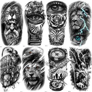 8 Temporary Tattoo Stickers, Realistic Animal Designs, Waterproof Realistic Tattoos, Waterproof Lion Eagle Compass Rose Roman Soldier Eye Design, Unisex Fashion