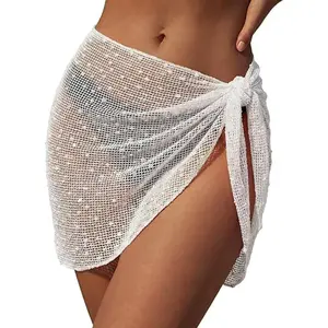 Women's Sequin Crochet Mesh Sarong Wrap, Sheer Sparkly Bikini Cover Up, Resort Cover Up for Pool Party Swimwear, Resort Cover Ups