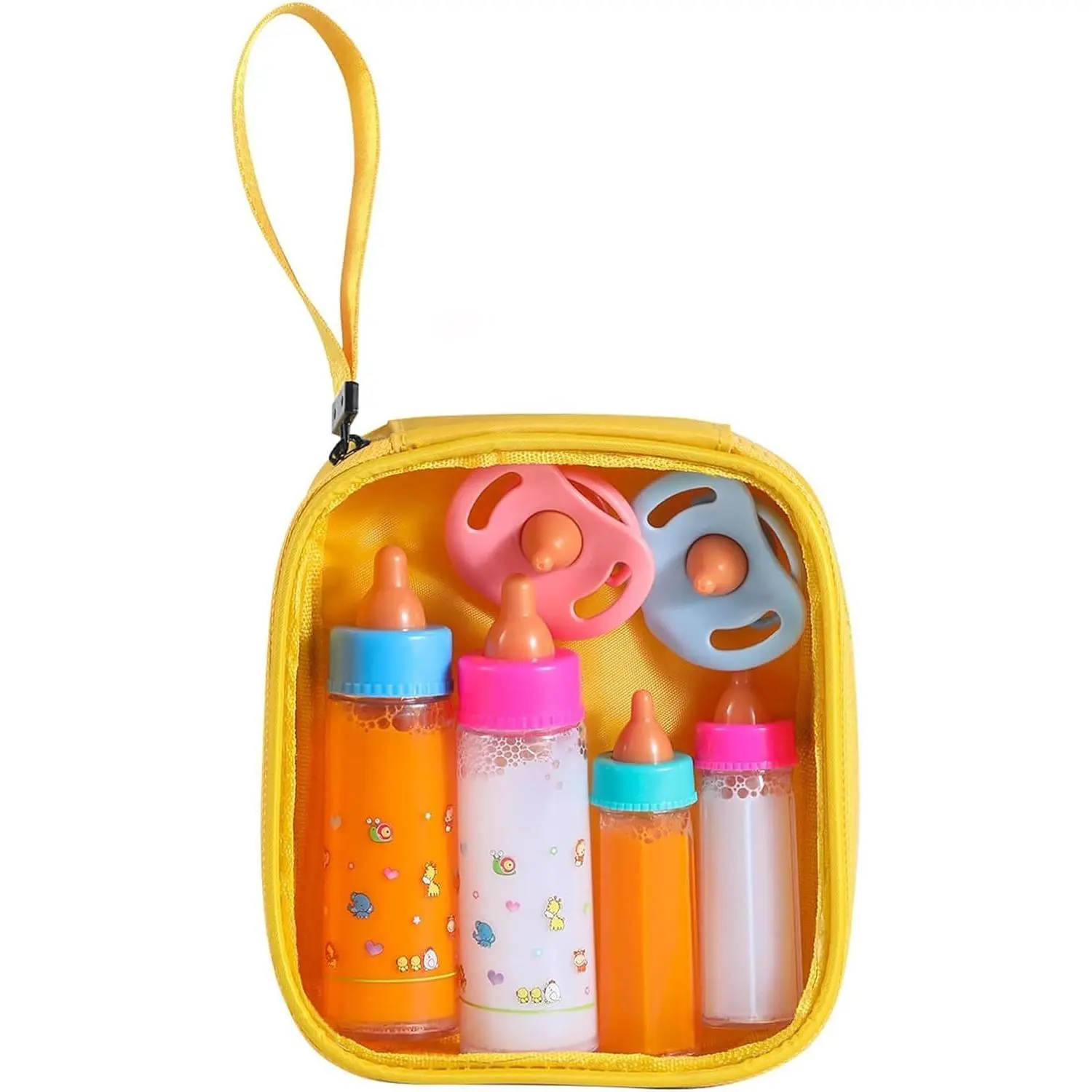 Unisex Phthalate-Free Baby Doll Bottle Accessories Set - 6 Pcs Feeding Bottle & Pacifier Toys, Pretend Play Gift for Babies, Yellow, No