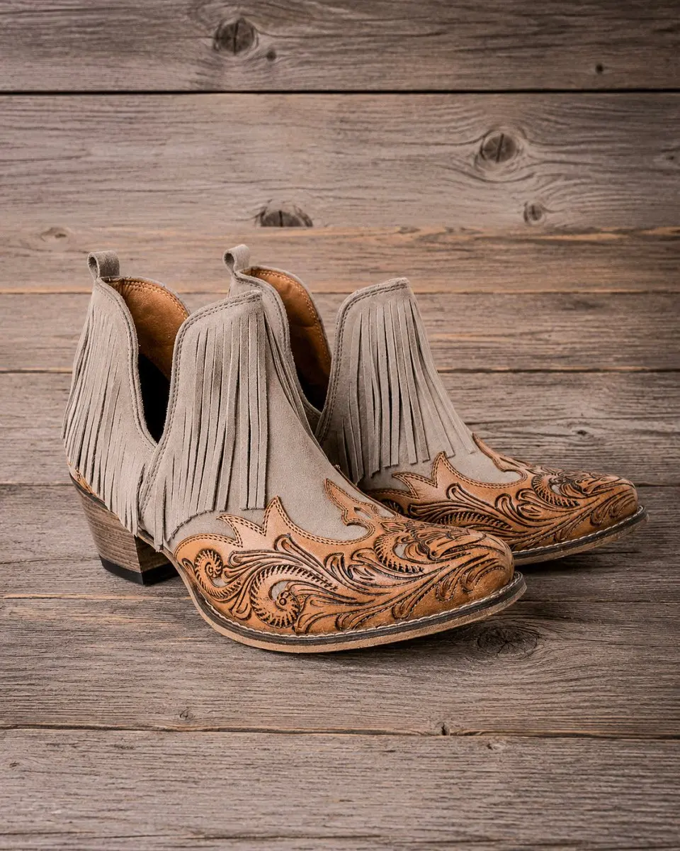 Cimarron Belle Fringe Tooled Leather Booties in Tan by Myra Bag