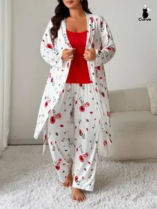Women Floral Print Pyjamas Set, Strap Top & Long Pants, Belted Robe, Long Sleeve, Comfortable Sleepwear, Matching Sleepwear, Loungewear, Chic, Elegant, Homewear, Womenswear, Pajamas, Spring & Fall Fitted Style, Pajama Set