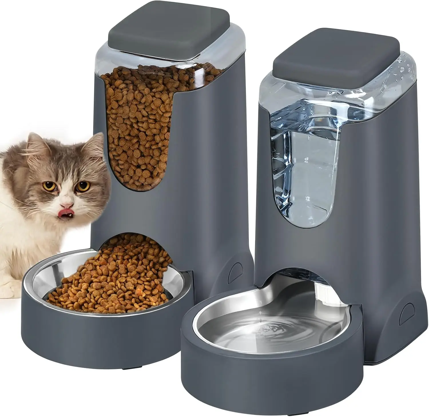 [Summervibes]Automatic Cat Feeder and Water Dispenser with Stainless Steel Bowl Dog Gravity Food Feeder and Waterer for Small Medium Pets Puppy Kitten 1 Gallon x 2